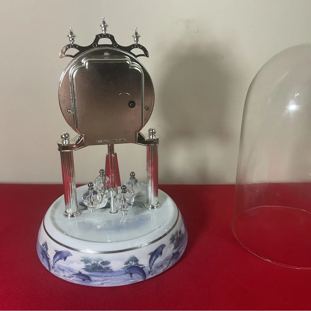 Waltham Dolphin Anniversary Clock Under Glass Dome Spinning Pendulum Working